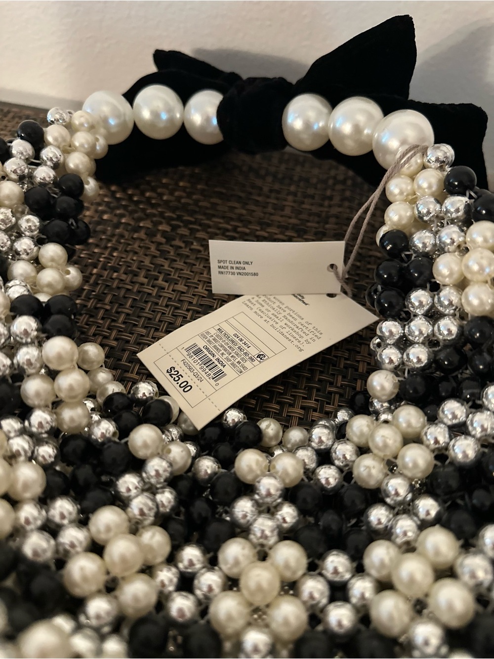NWT A New Day Black & White Beaded Checkered Shoulder Bag with Bow Pearl - Picture 11 of 12